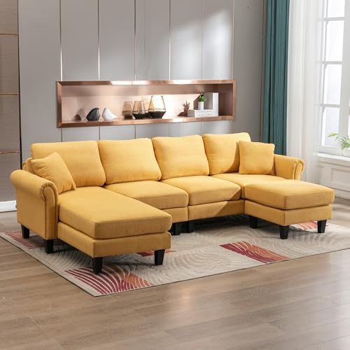 Image of Nathan 6 Seater L Shape Sofa with Centre Table | 6 Seater Sofa Set for Living Room (Nathan Yellow, LHS)