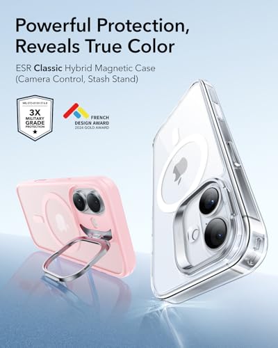 Image of ESR for iPhone 17 Case with Stash Stand, Camera Control Cover Compatible with MagSafe, Military-Grade Drop Protection Magnetic Phone Case, Scratch-Resistant Back Cover,Frosted Bubblegum Pink