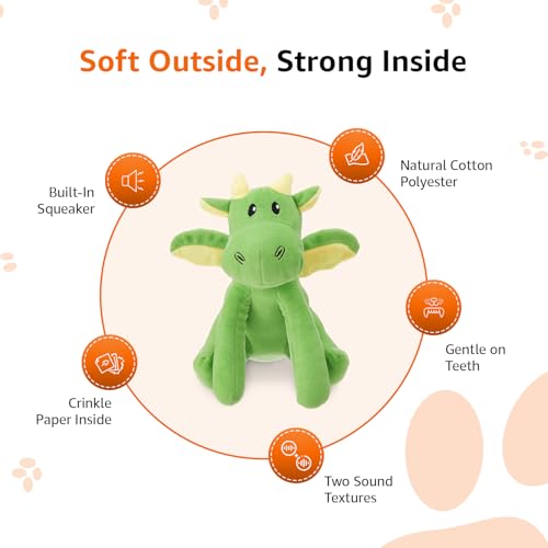 Image of Amazon Basics Green Bubble Dragon Squeaky Plush Dog Toy | Crinkle & Squeak Sound | Soft Cotton Stuffed | for Teething & Training | Ideal for Puppies & Small Dogs