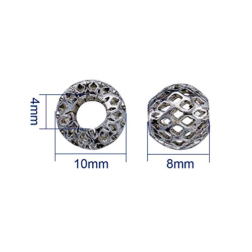 Kissitty 50Pcs Antique Silver Large Hole European Beads 10X8Mm Rondelle With Grid Pattern Hollow Spacers For For Diy Jewelry Necklace European Charm Bracelet Making #TOP1