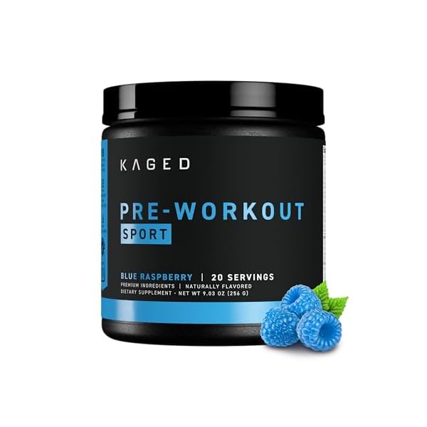 Kaged Sport Pre Workout Powder for Men & Women, Blue Razz, Sport Certified, 188mg Caffeine, Nitric Oxide Supplement, Beta Alanine for Energy, Weightlifting, Cardio Endurance & Strength, 20 Servings
