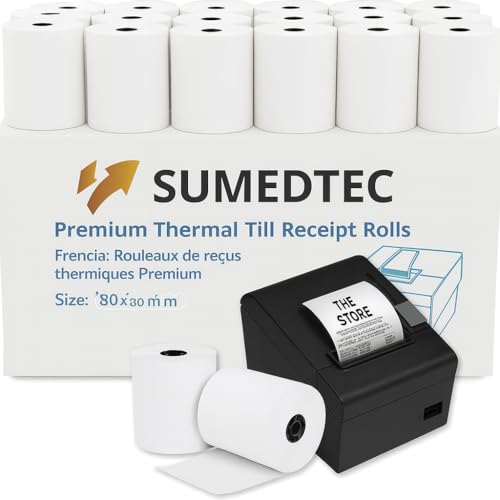 Sumedtec - Embalagem de 24 rolos de papel térmico para impressora de TPV, livre de bisfenol A. Compatível com impressoras de uso universal. 80 x 80 x 12 mm por 80 m de comprimento