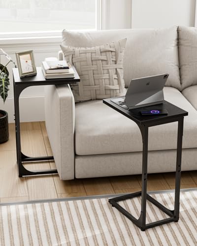 Image of C-Shaped Side Table for Couch - Small Coffee Stand Sofa Tray Desk with Metal Frame and Waterproof Scratch Resistant, Modern End Accent for Living Room, Bedroom, Small Spaces, Black