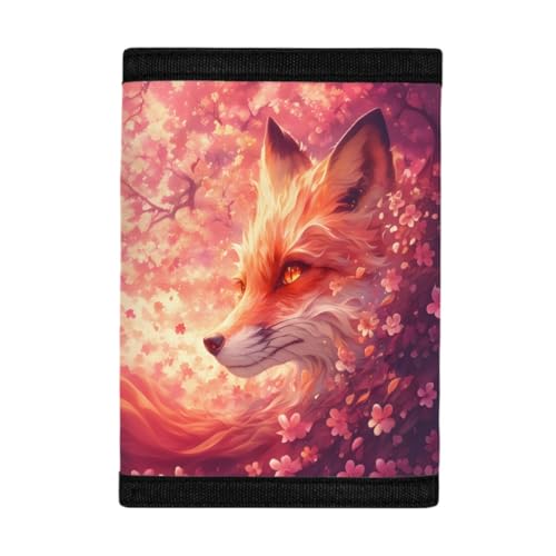 Kids Stylish Prints Trifold Wallet Teens Boys Girls Coin Case Lightweight Card Holder Moneybag Organizer,Orange Sakura and Fox