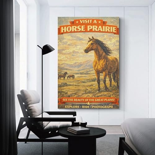 Peinture à l'huile sur toile vintage avec un cheval dans la prairie, format 50x75cm