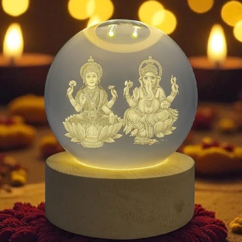 Image of ANTORCHE Lakshmi Ganesh Crystal Ball Lamp with Wooden Base | 3D Engraved LED Night Light for Home Decor, Puja Room & Diwali Gift & Festivals