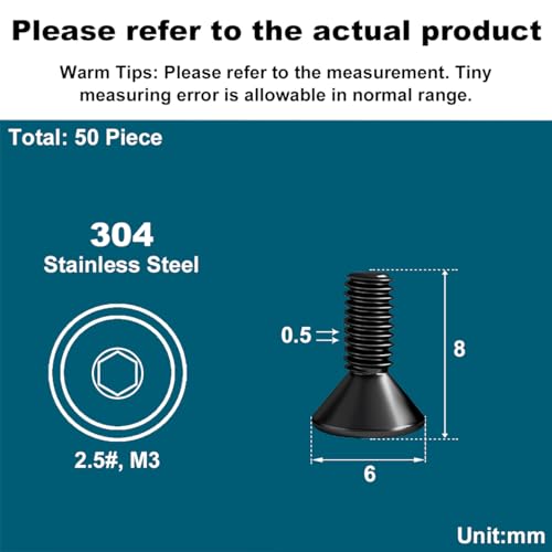 Drenky M3 X 8mm Senkkopfschrauben Edelstahl V2A VA A2 Senkkopf Schrauben DIN 7991 / ISO 10642 Gewindeschrauben Rostfrei Steckdosen Schrauben Metrisches Regelgewinde, 50 Stück, Schwarz