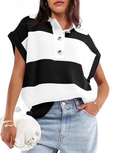 Image of Saodimallsu Women's V Neck Button Down Striped Short Sleeve Knit Sweater