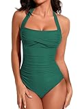 Smismivo Tummy Control Swimwear Halter One Piece Swimsuit Ruched Padded Bathing Suits for Women Slimming Vintage Bikini (Green, Medium)