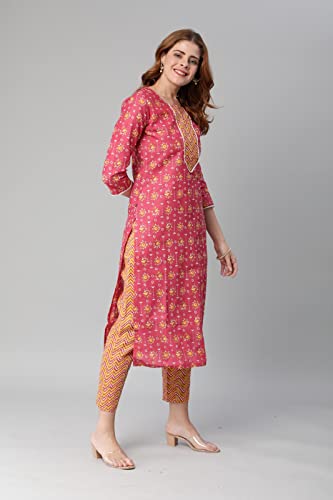 Image of GoSriKi Women's Cotton Blend Printed Straight Kurta With Pant