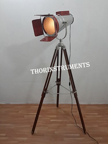 THOR INSTRUMENTS Chrome Finish Big Leather Spot Light with Wooden Brown Tripod Stand Rustic Vintage Home Decor Gifts