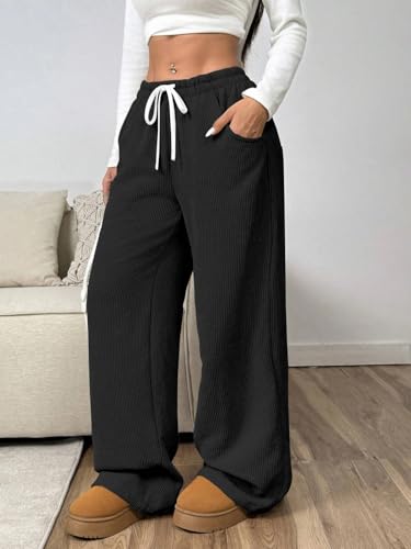 Image of Women's Trendy Korean Trouser with Pockets, Casual Corduroy Stretchable Baggy Loose || High Rise Elastic Waist Going Out Lounge Pants || Wide Leg Pants for Woman