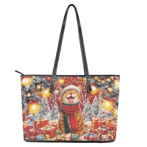 Image of Coldinair Christmas Leather Tote Bag for Women with Zipper Large Shoulder Tote Bag Shopping Casual Travel Bag Handbag Purse