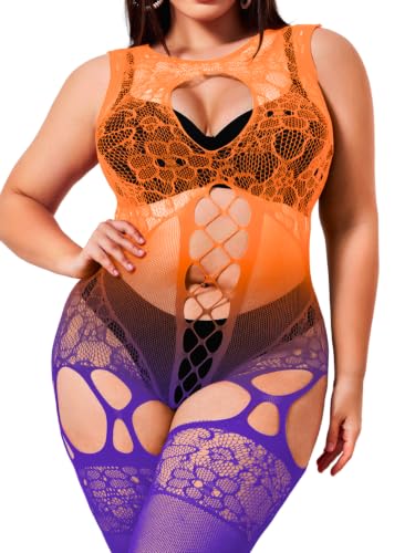 EHSUYAB Plus Size Body Stockings For Women Curvy BBW, Exotic Dancer Lingerie Outfits, Full Sexy Fishnet Bodysuit Rave Party Gradient Orange Purple