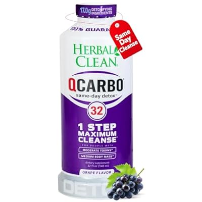 Herbal Clean Qcarbo32 Same Day Detox Cleanse Drink 32 fl oz - Grape Flavor Full Body Cleanse Detox Drink for high Toxin Level, Vitamin B2 and Vitamin B12 for Men & Women