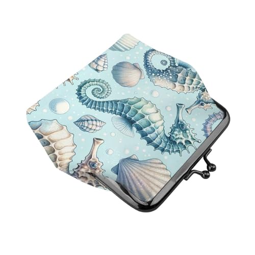 Pu Leather Buckle Coin Purse Watercolor-Seahorse-Seashells Girls Kiss-Lock Change Purse Wallets3