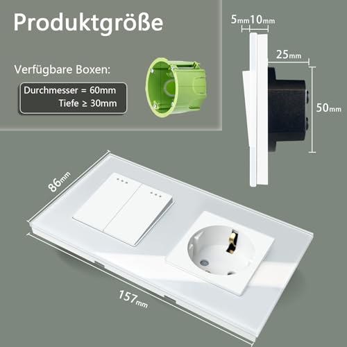 TAWOIA Lichtschalter mit Steckdose 2 Fach 1 Weg Glas Platte Unterputz Taste Schalter mit Schuko Steckdose 16 Amp 86 * 157mm Weiß Wechselschalter