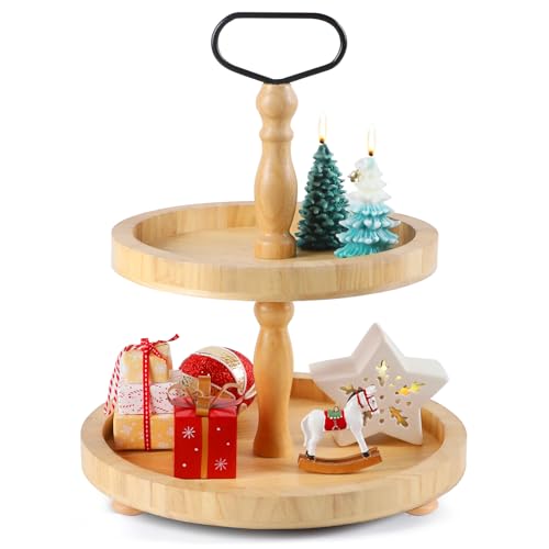 2 Tiered Tray Rustic Round Farmhouse Style Decorative Tray Dessert Stand Kitchen Island Decor Wooden Serving Tray for Coffee Food Fruits Cupcakes Home Decor Holiday Display Natural Wood