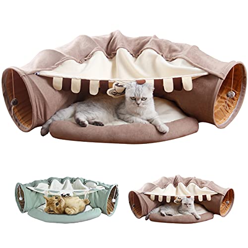 Image of LEFTSTARER 2-in-1 Collapsible Cat Tunnel for Indoor Bed and Hideout - Pet Dog Rabbit Bunny Ferret Tunnel Tubes Toys with Removable Washable Mat, Tower Wheel Stuff