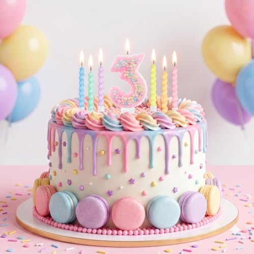 HOTUT Świece urodzinowe Macaron, 13 sztuk świec na tort urodzinowy, numer 3, odpowiedni na imprezy, ślub, wieczory ukończenia szkoły, 12 spirali + 1 cyfra