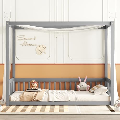 Wekuku Twin Size Canopy Frame Floor Bed with Fence Guardrails, Grey – Low Profile Modern Kids Bed for Bedroom, Safe Stylish Design