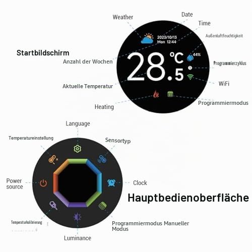 Thermostat, Intelligentes Thermostat für Zuhause – Programmierbarer WLAN-Thermostat – Schnee, Bluetooth-Thermometer mit 1,32-Zoll-TFT-Bildschirm, Steuerung über Mobiltelefon