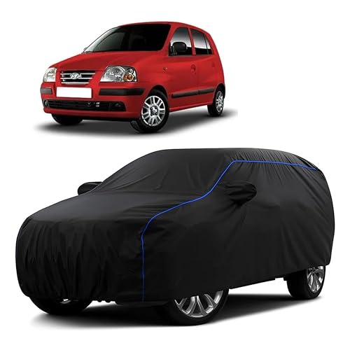 Image of Sulfar 100% Water Resistant Car Body Cover Compatible with Mirror for Hyundai Santro Xing (Triple Stitched, Full Bottom Elastic, Black Tafetta with Blue Piping)