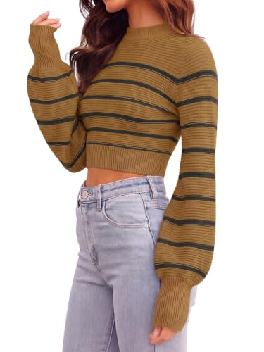 Image of Womens Sexy Crew Neck Cropped Sweaters Knit Long Sleeve Crop Tops Pullover