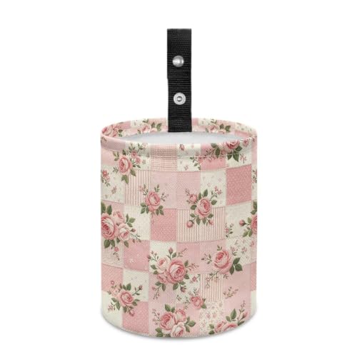 Image of Pink Flower Print Car Trash Can Portable Collapsible Back Seat, Front Seat, Floor, or Hanging Headrest Waste Basket Car Accessories Interior