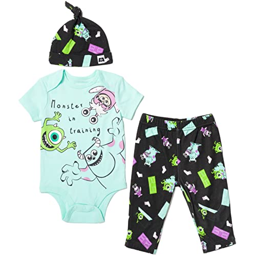 Image of Disney Pixar Monsters Inc. Sully Boo Mike Baby Bodysuit Pants and Hat 3 Piece Outfit Set Newborn to Infant
