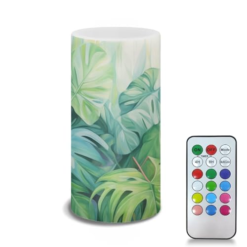 Image of LED Flickering Candles Battery Operated Candles with Remote Control Timer Flickering Wick Pillar Candles Home Bedroom Bathroom Outdoor Indoor Decoration, Green Monstera Leaf
