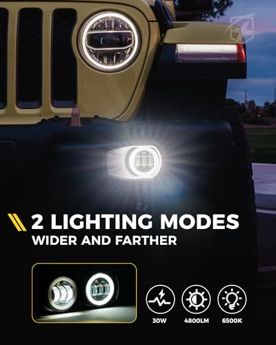 Image of 300% Bright 60W LED Fog Lights w /DRL Compatible with 18+ Jeep JL JT, White | 2 Light Functions, Angel Eye, Adjustable Angle, Waterproof, Plug N Play, DOT Approved