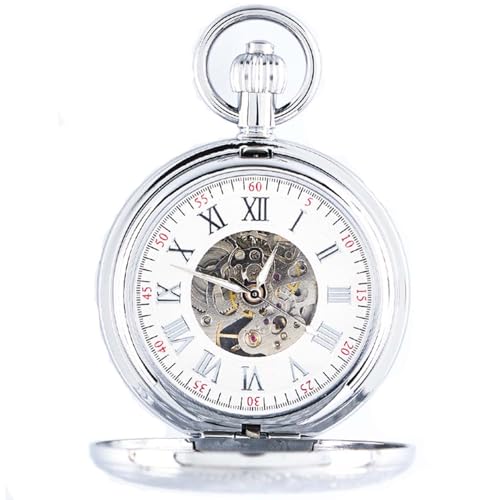 DerMacht Silver Mechanical Pocket Watch with Chain Retro Smooth Classic Handwind Roman Numerals for Men & Women