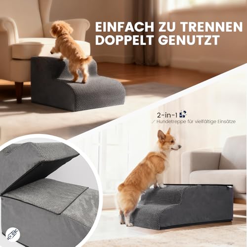 Mora Pets Hundetreppe, Haustiertreppe für Bett und Sofa Hunde Treppe 4 Stufen & teilbar (1 Treppe = 2 Lösungen) rutschfeste, waschbarer Bezug, Hunderampe aus Schwamm