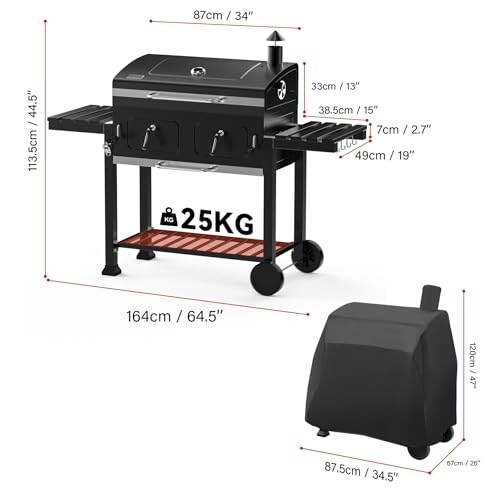 onlyfire Holzkohlegrill mit Deckel, Grill Grillwagen BBQ Smoker mit Rädern, Edelstahl Grillrost, Abdeckungen und Verstellbarer Kohlewanne, Großer Grill Holzkohle für Party, Camping