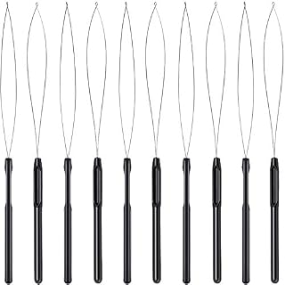 10 Pieces Hair Extension Loop Needle Threader Pulling Hook Tool and Bead Device Tool Black Loop Threader for Hair or Feather Extensions (Black)