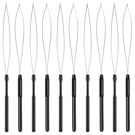 10 Pieces Hair Extension Loop Needle Threader Pulling Hook Tool and Bead Device Tool Black Loop Threader for Hair or Feather Extensions (Black)