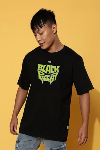 Image of Veirdo Pure Cotton Oversized Loose Fit Official Marvel Merchandise Cool & Marvelous Graphic Printed Drop Shoulder T-Shirt for Men (Characters: Black Panther, Mystrio & Captain America)