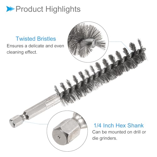 Image of Bore Brush, 17mm Dia 75mm Length, Stainless Steel Twisted Cleaning Wire Brushes with 1 /4 inch Hex Shank - (Applications: for Power Drill), 3-Pieces