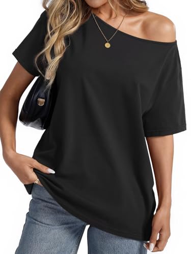 Womens Cotton Off The Shoulder Tops Oversized Short Sleeve T-Shirts Casual Summer Tees Trendy Clothes 20254