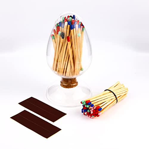 100Pcs 4'' Rainbow Matches in a Jar with Striker, Match Holder with Striker, Glass Match Cloche with Striker, Match Striker Jar with Long Wood Safety Matches, Includes 3 Free Striker Strips
