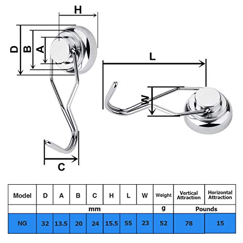 Magnetic Hooks Heavy Duty, Wukong 75LBS Rotating Swivel Swing Strong Neodymium Magnet Hooks - Great for Your Refrigerator and Other Magnetic Surfaces, 6 Pack (SNG32-6)