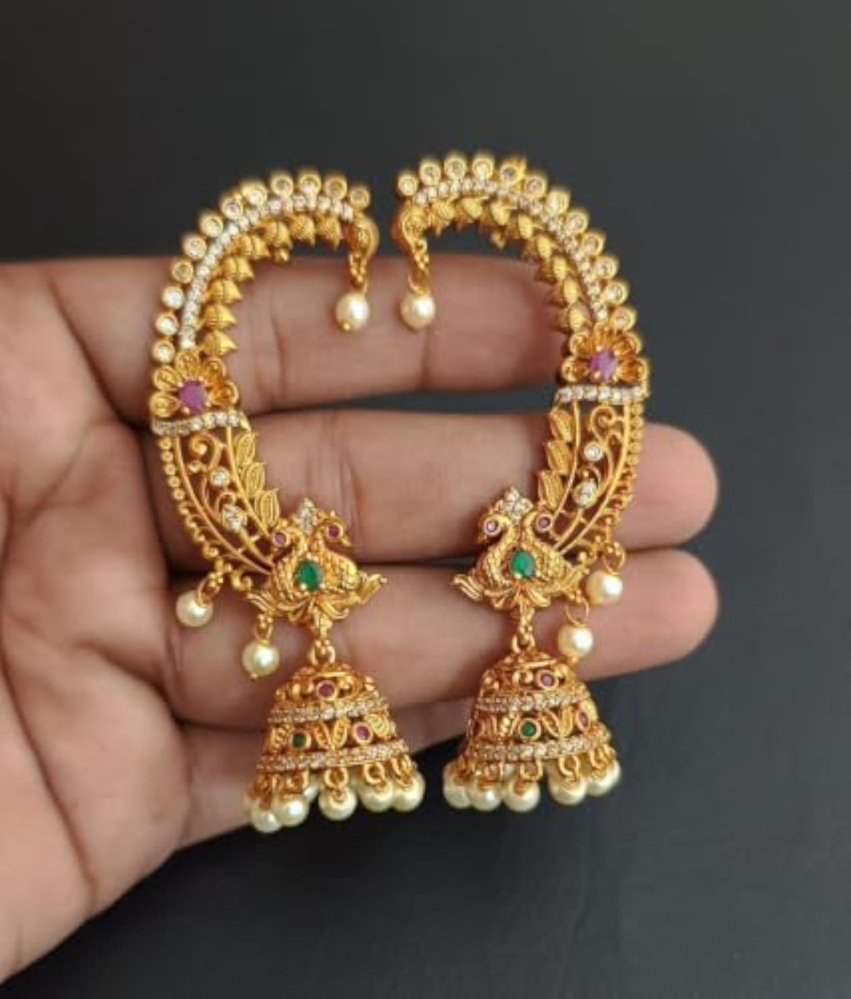 Women's Gold-Toned Traditional Jhumka Earrings, Ear Cuff