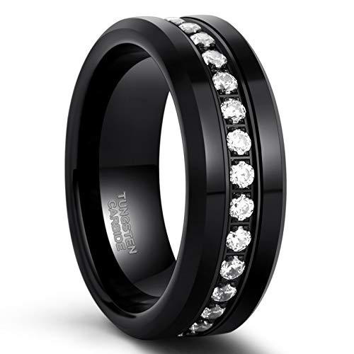Trumium 8Mm Cubic Zirconia Ring For Men Women Black Wedding Band Tungsten Carbide Eternity Ring Cz Black Wedding Rings Beveled Edges Comfort Fit Size 10 #TOP1