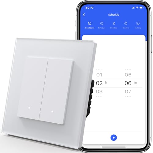 MVAVA Interrupteur Connecté Intelligent, WiFi Interrupteur de Verre compatible avec Alexa/Google Home, Ligne neutre nécessite, 2 Gang 1 Way， Blanc