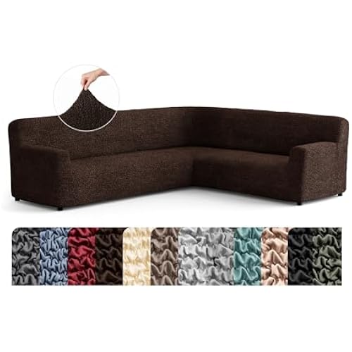 PAULATO BY GA.I.CO. Stretch Corner Sectional Couch Covers – Corner Sofa Cover – Elastic L Shape Sofa Slipcover - Sectional Slipсovers - Washable Furniture Protector - Dark Brown (135”-198” Wide)