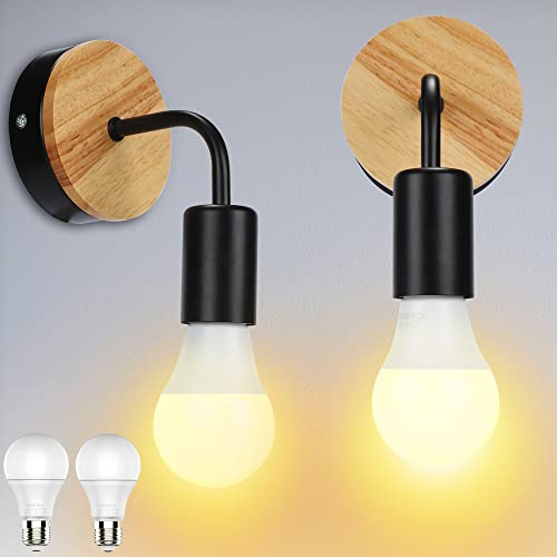 EANLOLY Wandlampe Innen 2 Stück, Holz Wandleuchte Vintage mit 2 x 7W LED, 360° Drehbar Retro Industrial Wandbeleuchtung Innenbeleuchtung für Flur Schlafzimmer Wohnzimmer, E27 Fassung (Schwarz) Cover