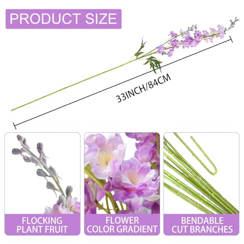 5pcs Purple Delphinium Artificial Flowers, 33" Silk Larkspur Faux Flower with Long Stem Fake Bouquet for Tall Floor Vase Kitchen Home Indoor Hyacinth Summer Floral Plant Centerpiece Decor
