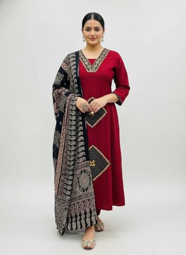 Image of BHARVITA Women's Rayon Handwork Embroidered and Printed Straight Kurta with Pant And Dupatta Sets
