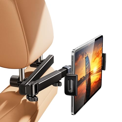 Image of Car Headrest Tablet Stand, Extension Arm Mount for 4.7-12.9 inch Tablets, Compatible with iPad Pro, Air, Mini, Galaxy, Fire | Adjustable Extension Arm & 360 Rotating Clamp with Anti-Slip Pads,Metal Rod Easy Install on Headrest Poles,for Backseat Kids